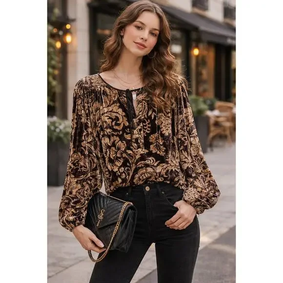 Anthropologie Faustine Velvet Floral Peasant Blouse L Boho Smocked Top - Picture 1 of 14